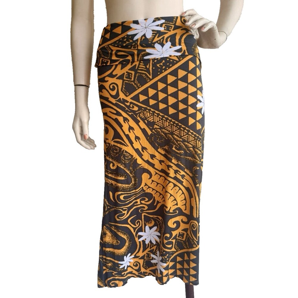 WAHINE TOA Skirt Gray Orange Hawaiian Aloha Floral Stretch Jersey Midi Size XS